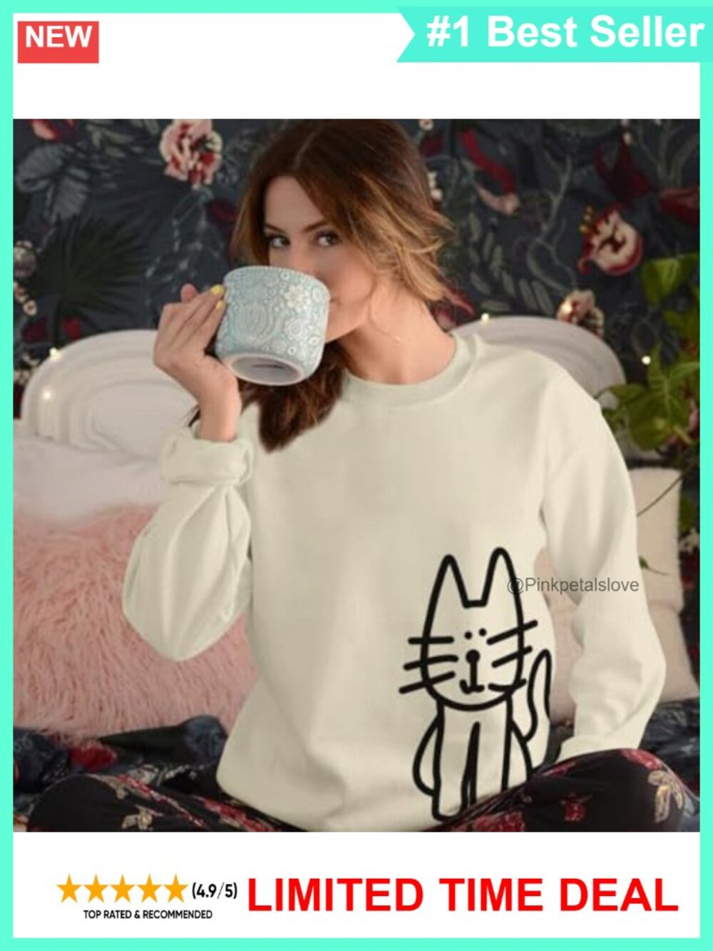 Cat Graphic Sweatshirt Women Cotton Blend Long Sleeve Crewneck Pullover - Picture 2 of 6